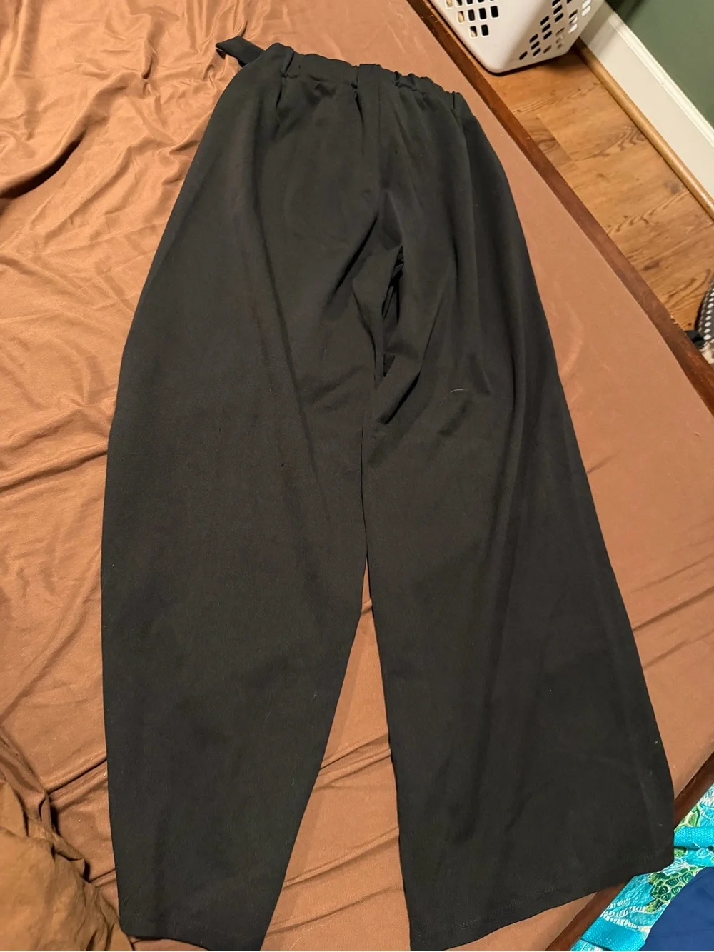 Black Paperbag Waist Wide Leg Pants Tie Belt High Rise